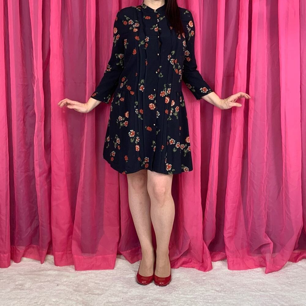 Justfab navy and floral‎ drop waist long sleeved dress, small